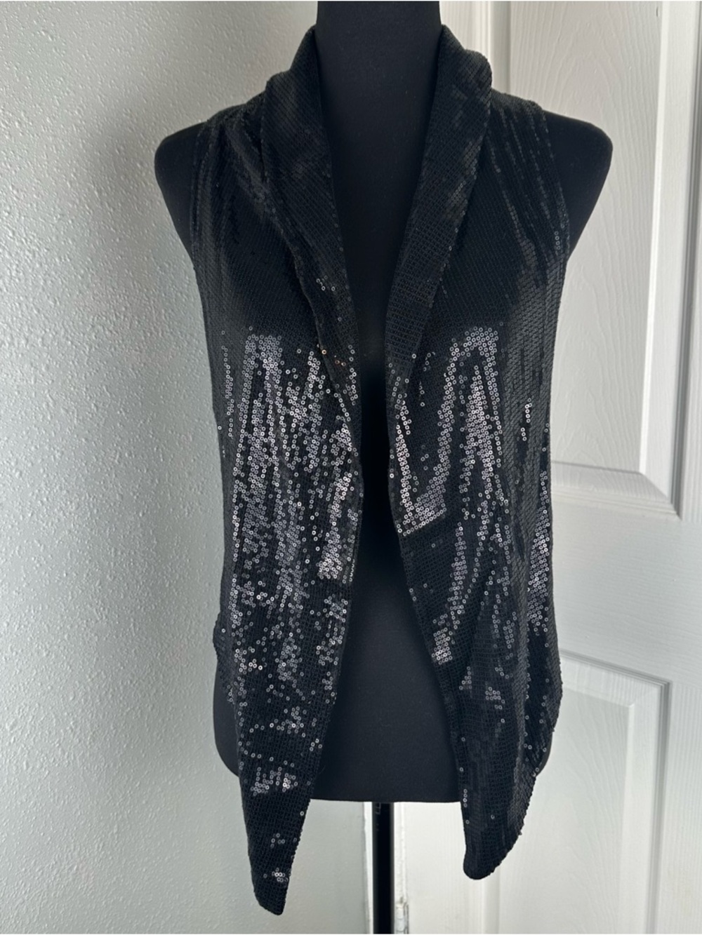 H&M Black Sequin Open Front Draped Vest Womens US Small Party Cocktail Glam